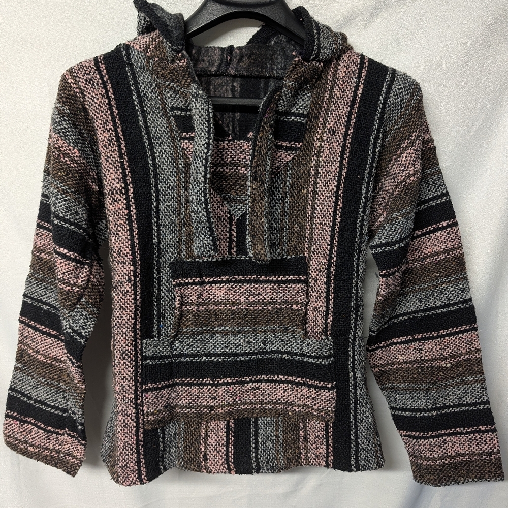 Striped Hooded Baja Sweater - Pink & Black